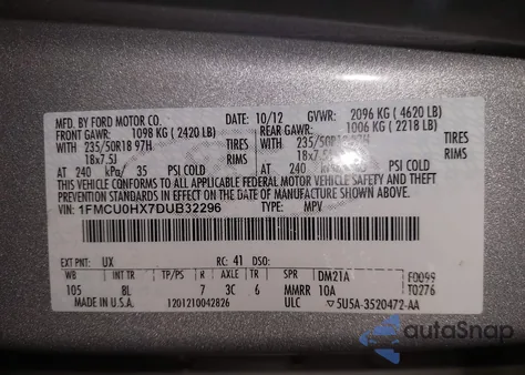 2013 Ford Escape Sel from USA, damaged, VIN 1FMCU0HX7DUB32296